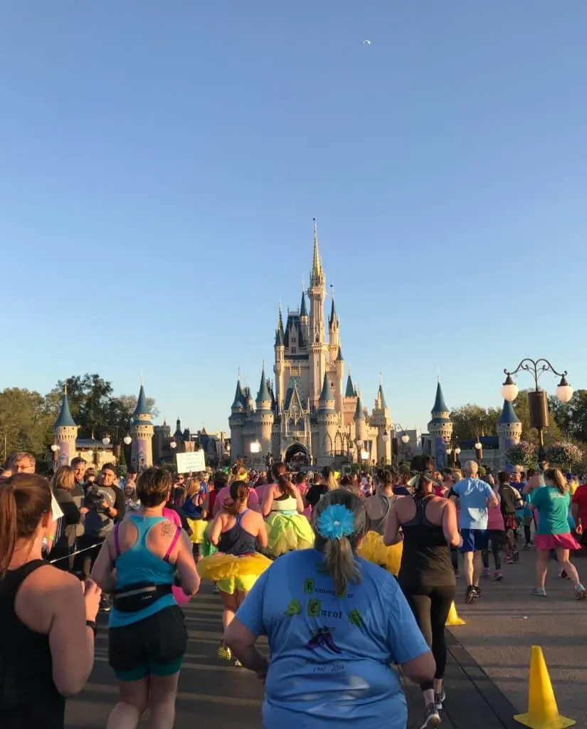 Crowds at Cinderella Castle during Princess Half Marathon Weekend