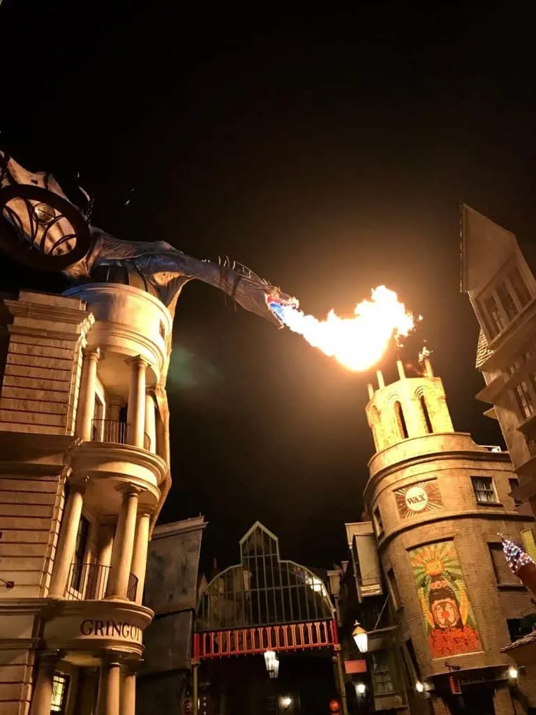 One of the must-dos at Diagon Alley is watching Gringotts Dragon breathe fire.