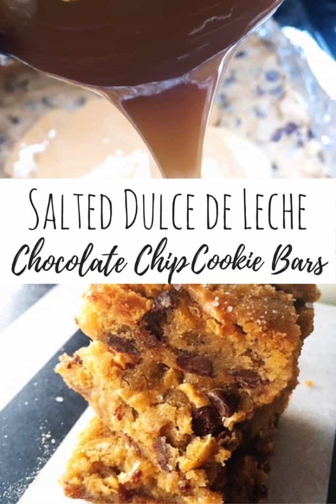 My kids love when I bake them an after school snack. Here is an easy 3-ingredient recipe for salted dulce de leche chocolate chip cookie bars. Delicious and simple!