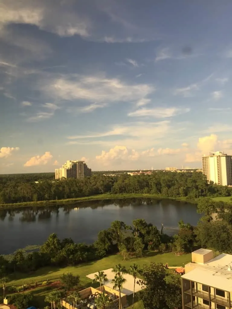 Catch the view from the beautiful Wyndham Lake Buena Vista across the street from Disney Springs.