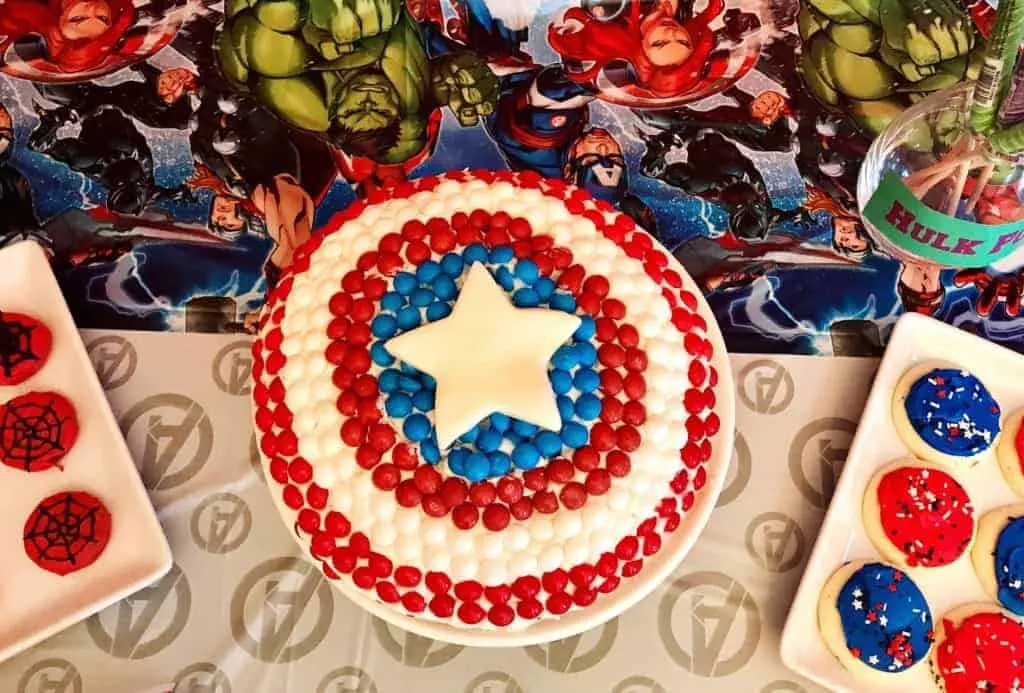Make an easy Captain America cake with candy and a box cake mix!