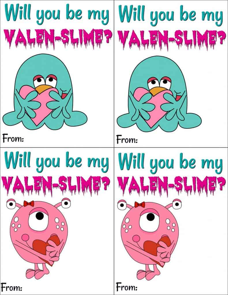 Free printable Slime Valentines Day cards for your school that doesn't allow food or candy.
