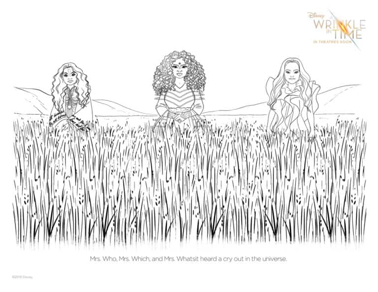 Free Printable coloring page of Mrs. Who, Mrs. Whatsit, and Mrs. Which from a Wrinkle in Time.