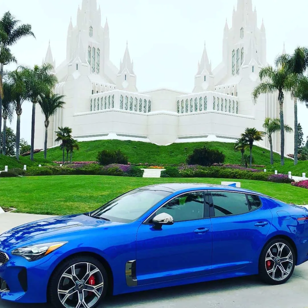 The Kia Stinger is gorgeous in front of the San Diego temple at the New Kia Event.