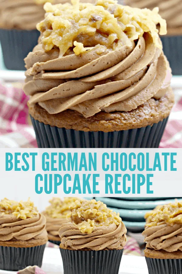 The Best German Chocolate Cupcakes Recipe! This delicious German Chocolate Cupcake recipe will tell you how to make chocolate cake, chocolate frosting, and coconut and pecan topping. Perfect for birthday parties, school fundraisers, and dessert for dinner!