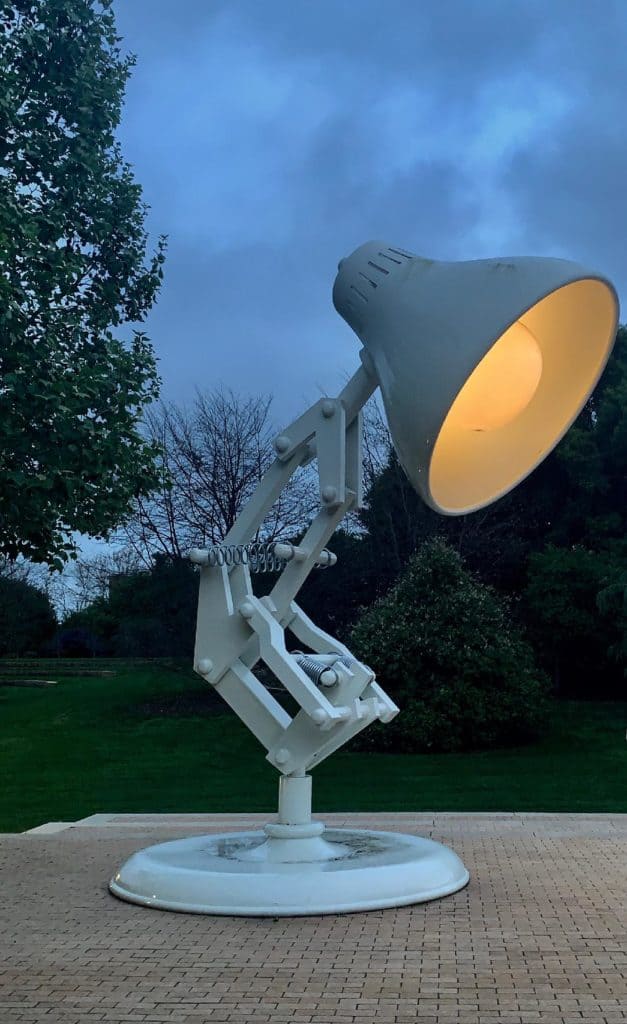 Pixar Lamp lit up at night
