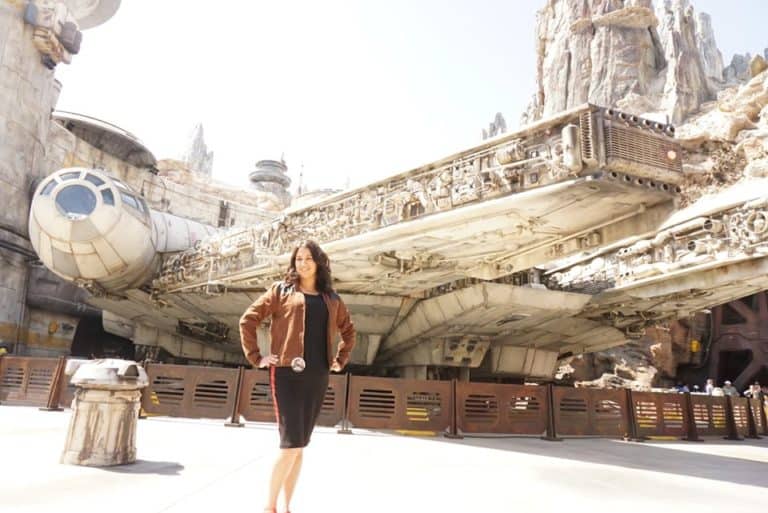 Photo op in front of Millennium Falcon in Galaxy's Edge