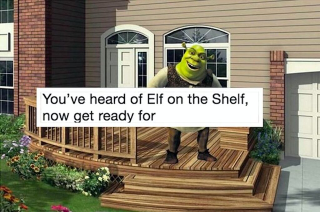 Elf on the Shelf Shrek on a Deck