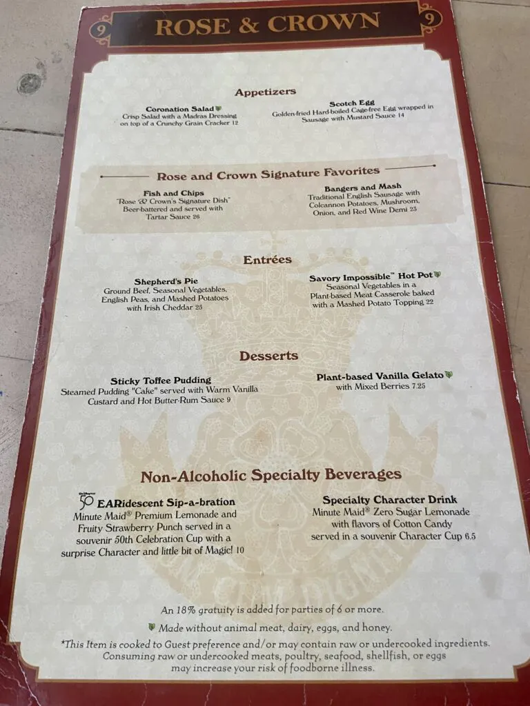 Rose and Crown Menu at Epcot