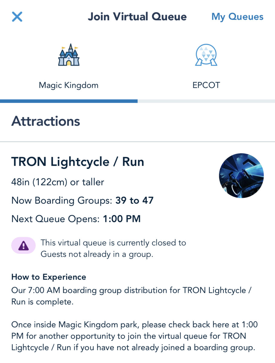 TRON Lightcycle Run Virtual Queue: Best Tips to Get a Boarding Group ...