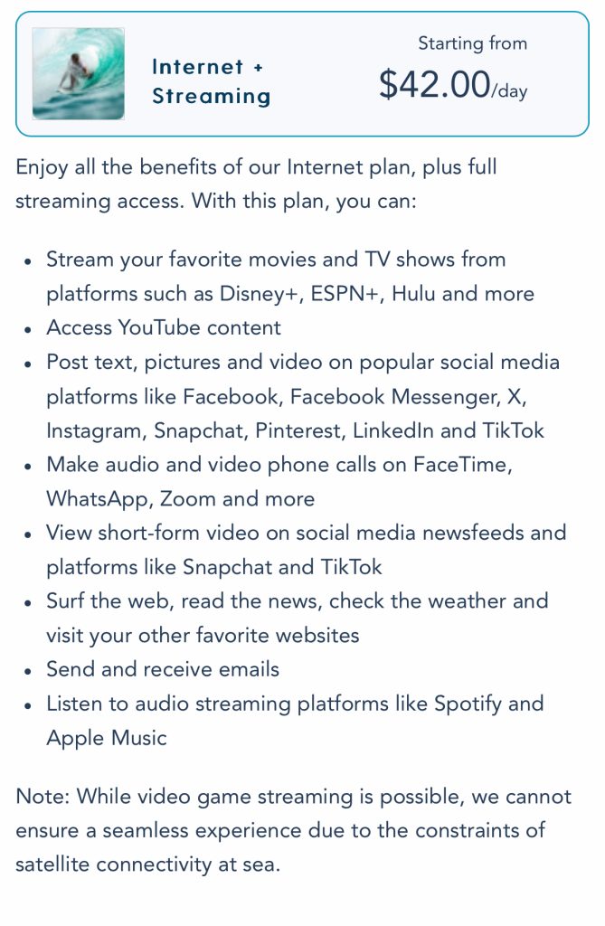 Internet Plus Streaming Package Disney Cruise Line