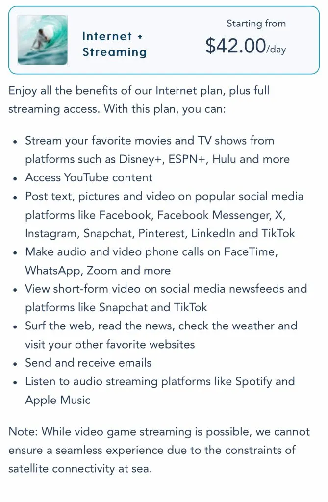 Internet Plus Streaming Package Disney Cruise Line